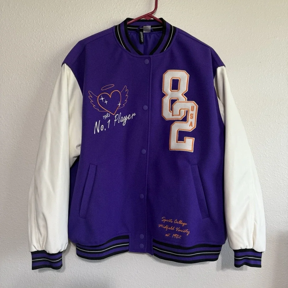H&M DIVIDED PURPLE TWILL BASEBALL‎ VARSITY LOOSE FIT BOMBER JACKET WOMEN Large